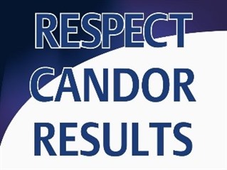A picture of the three keywords to good leadership, "Respect," "Candor," "Results."