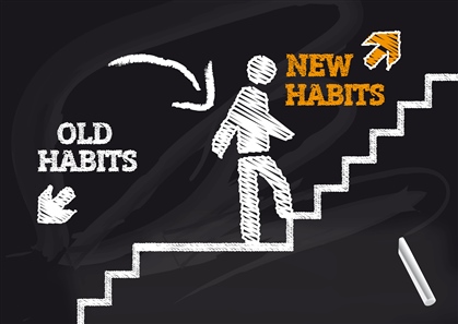 Change your habits. A drawn person walking up the stairs away from "Old habits text" and up "New Habits." 